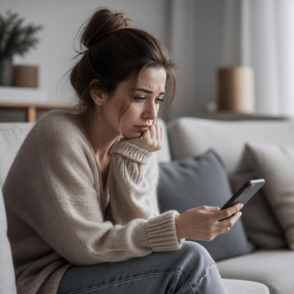 Mulher sozinha, ansiosa, olhando para o celular