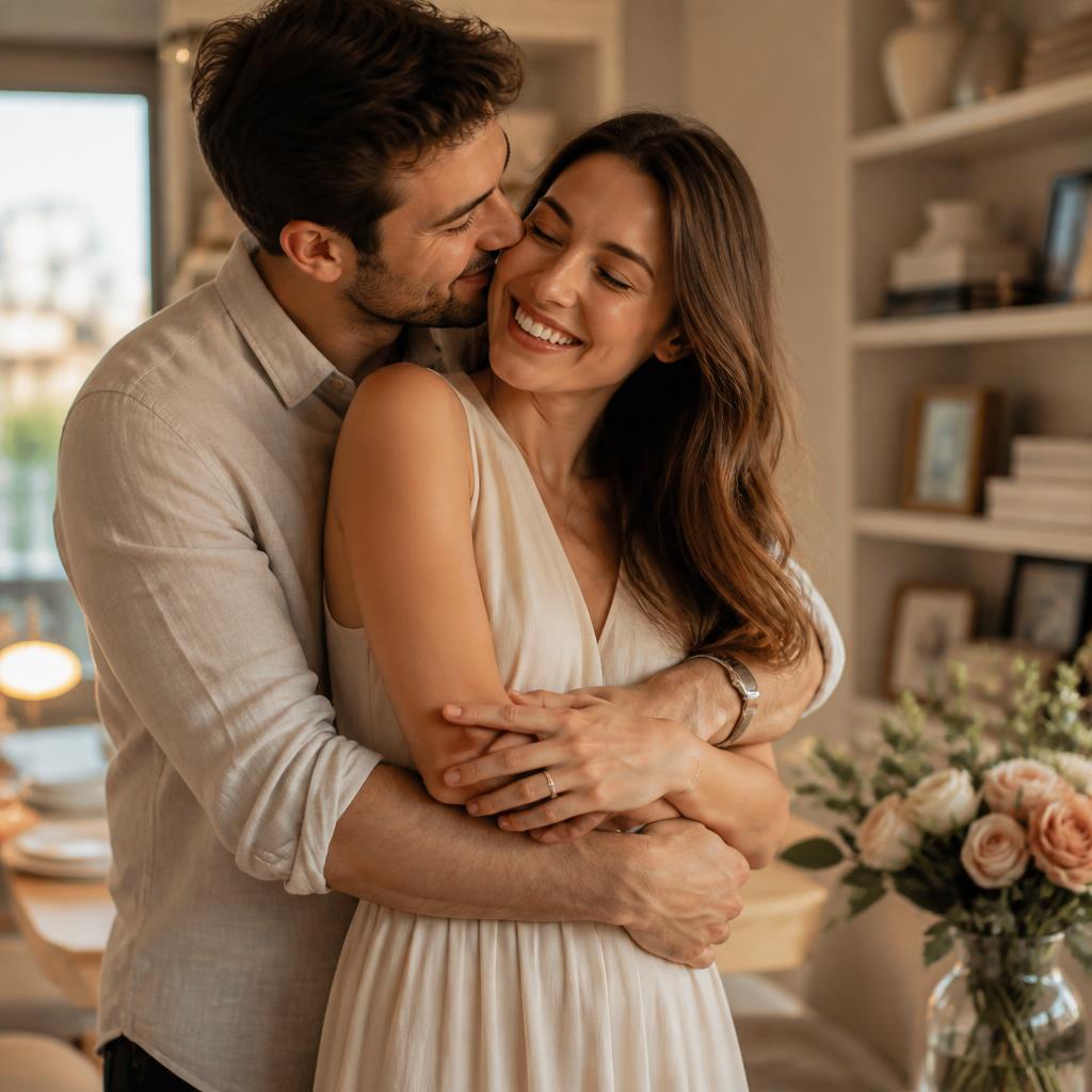 Casal abraçado em casa, felizes e conectados
